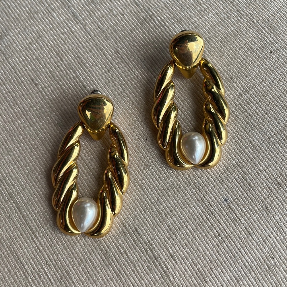 Vintage JS Gold and Faux Pearl Earrings